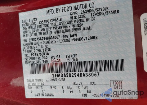 2004 Ford Freestar Limited z USA, uszkodzony, nr VIN 2FMDA58294BA38067